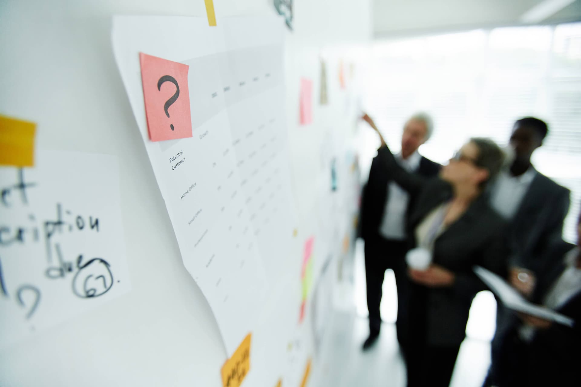 Business team reviewing planning wall with question mark sticky note, addressing common challenges and open questions during Dynamics 365 Contact Center migration | Dynamics Monk.